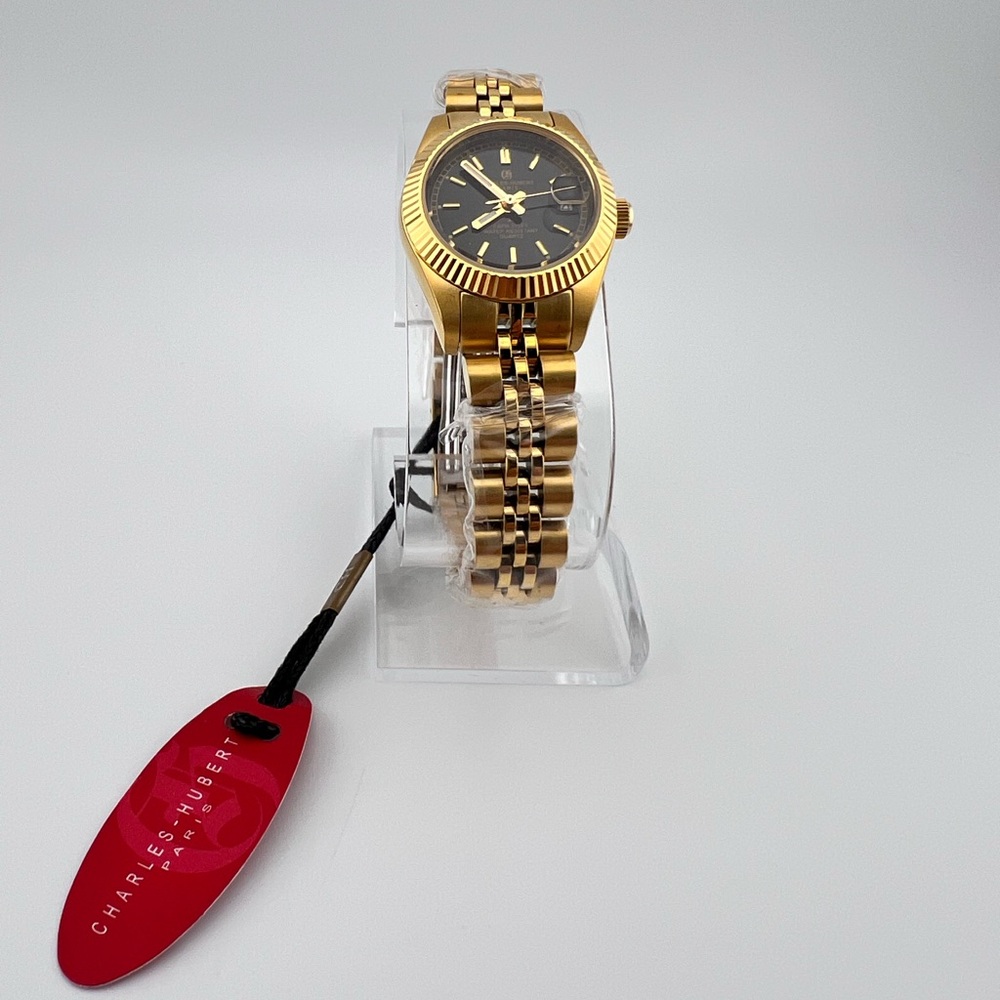 Charles Hubert Ladies Gold Plated Stainless Steel Black Dial Watch